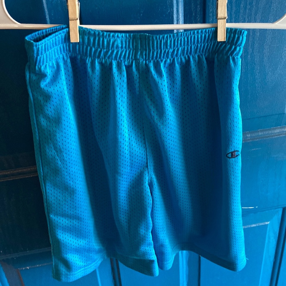 Champions gear blue shorts medium. Adidas white shorts medium